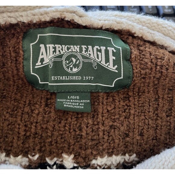American Eagle Sweater Men Cream Fair Isle Moose Deer Hooded Pullover Size Large - Picture 6 of 6